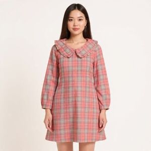 NWT Ninexis "Ces La Vie" Plaid Peter Pan Collar Dress - Coral/Blue, Medium